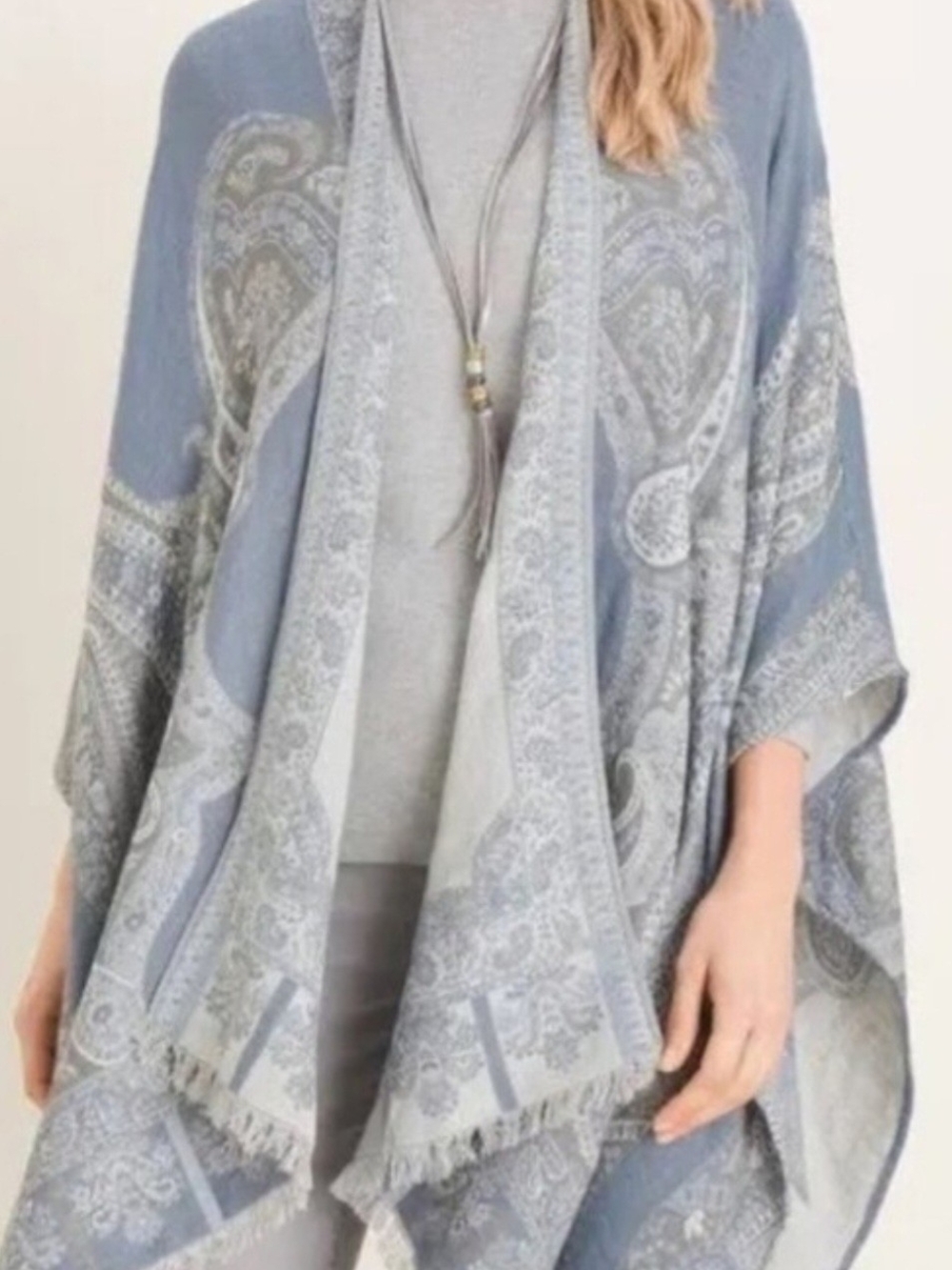 Chico's Boho Dusty Blue Paisley Fringe Oversized Layering Wrap Cardigan Shawl